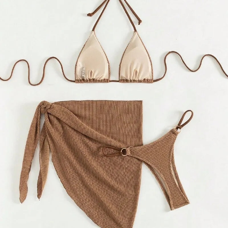 Sexy Brown Bikini Set 2025 Women Halter Push Up Bra Skirt 3 Piece Swimsuit Summer Bathing Suit Cover Up Thong Swimwear Biquini