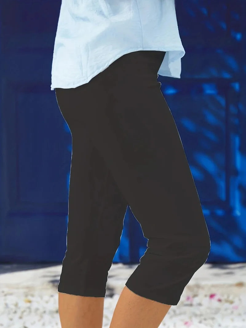 Women's Summer Comfortable Elastic Solid Color High Waist Slimming Capris Bottom Pants Versatile Casual Style Pants