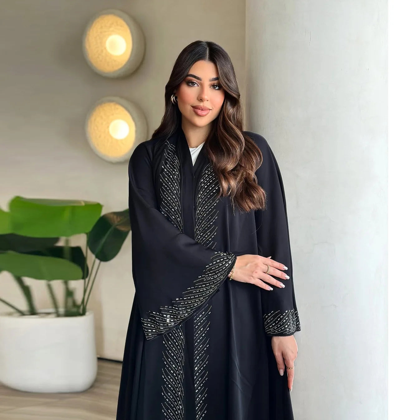 Fashionable Black Long Open Cardigan Abaya with Rhinestones Loose Polyester Midi Dress for Women in Dubai Autumn 2025
