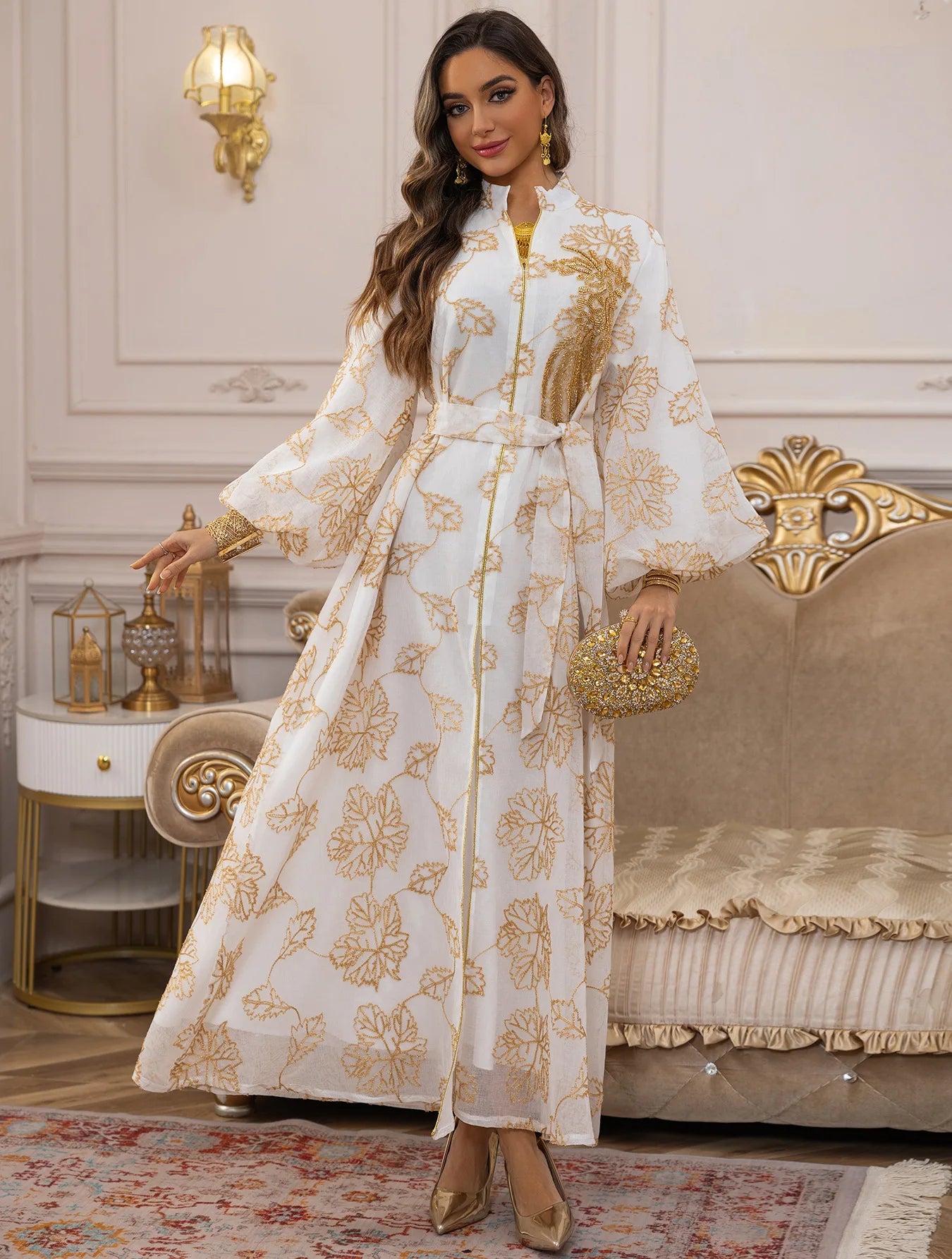 2025 Luxury Muslim Abaya White Base Gold Floral Embroidered Long Dress with Belted Waist Elegant Modest Islam Formal Wear  Dubai