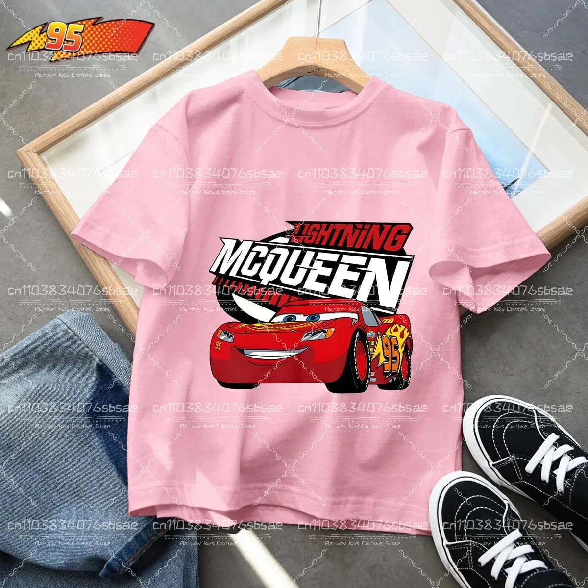 2025 Disney Summer Kids T-shirt Short Sleeve Top Cartoon Cars Pixar Lightning McQueen Printed Boys Clothes Baby Tops 4-10 Years