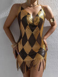 Sexy Metal Splice Backless Fashion Women's Dress Mini Skirt V-neck Sleeveless L22593 Cross-border Summer New Arrival