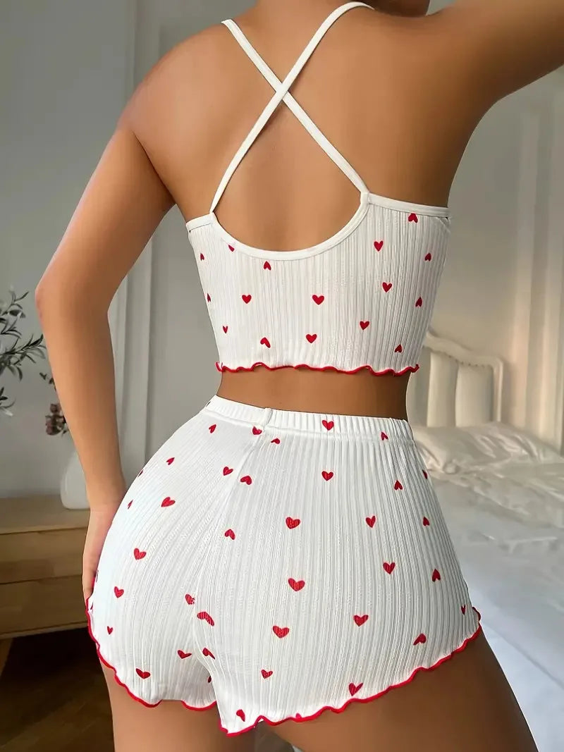 Sleepwear Women Pajamas Set Heart Print Soft Ribbed Fabric