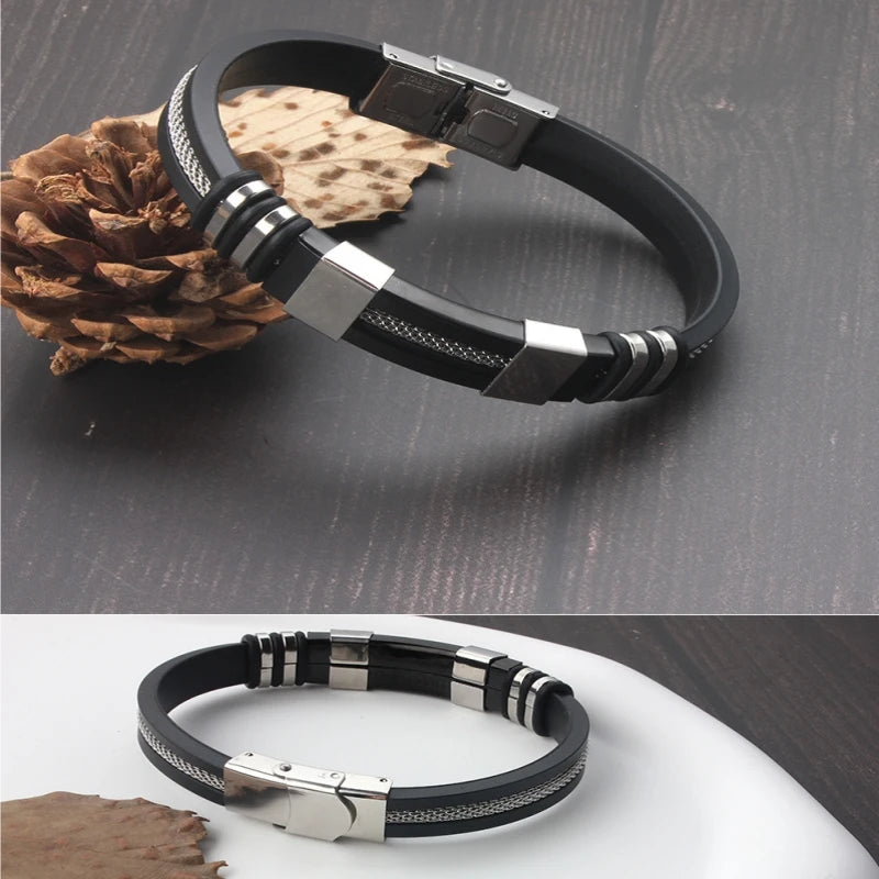 HNSP Stainless Steel Silicone Leather Bracelet For Men Cable Line Hand Chain Punk Jewelry Accessories Male Gift