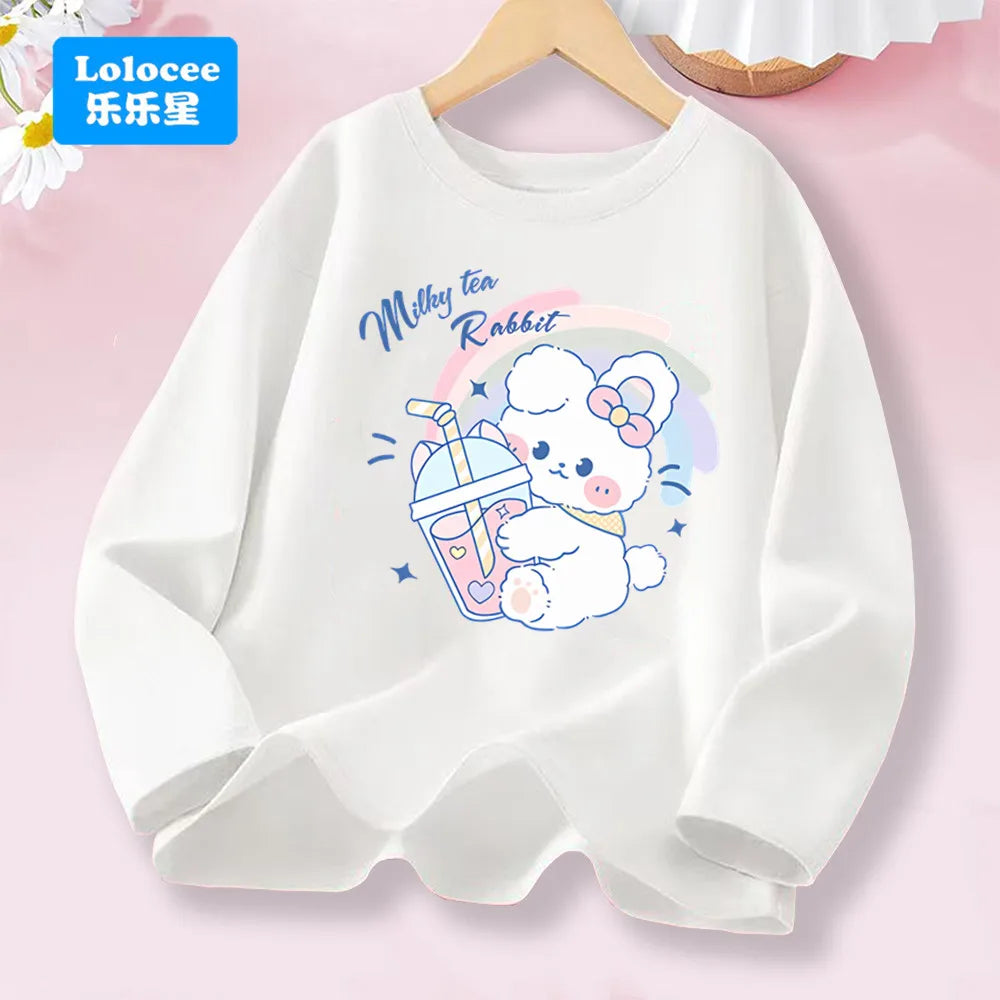 3-14years Girls' Pink Long Sleeve T-shirt - Cute "FRESH" Drink & Animal Print Kids Cotton Top 2026 Spring New