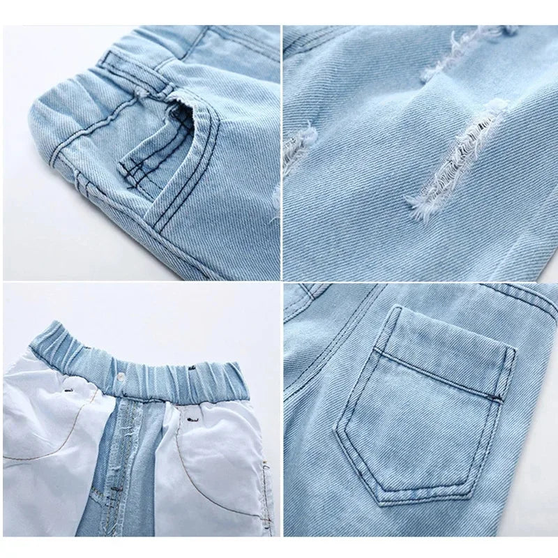 Summer Boy Shorts Children Casual Torn Jeans Kids Knee Length Denim Pants Baby Elastic Waist Shorts Infant Fashion Trousers 2-8Y