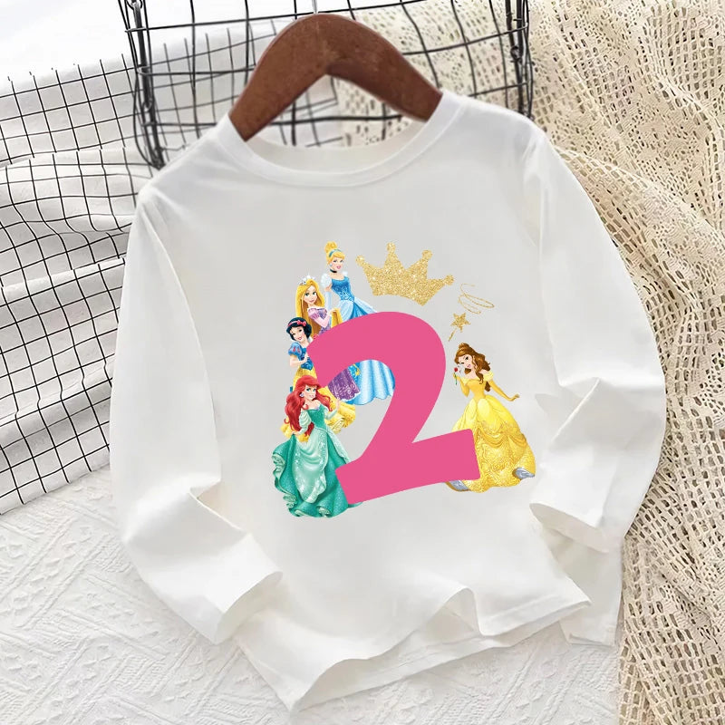 Different Princess Snow White Belle Number  Kids T shirt 1 2 3 4 5 6 7 8 9 Years Birthday Long Sleeve Baby Girls Clothes T-Shirt
