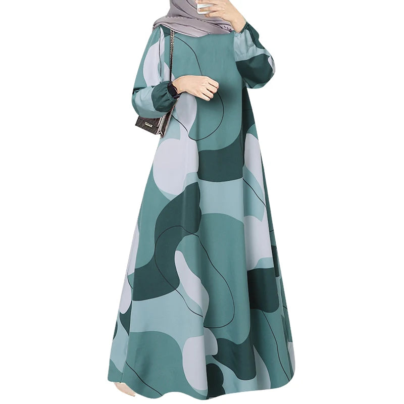 ZANZEA Muslim Fashion Color Block Long Dresses Women Elegant O Neck Long Sleeve A-line Vestidos Casual Loose Islamic Abaya Robes