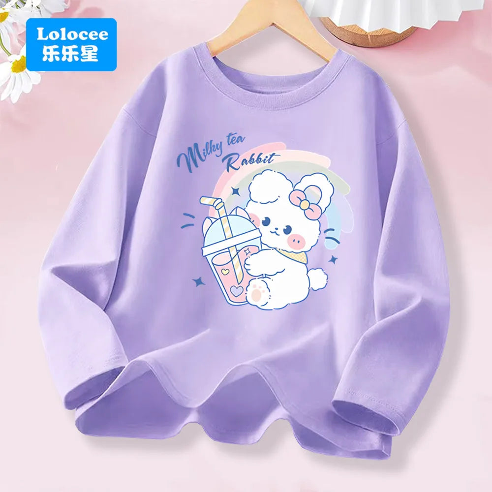 3-14years Girls' Pink Long Sleeve T-shirt - Cute "FRESH" Drink & Animal Print Kids Cotton Top 2026 Spring New