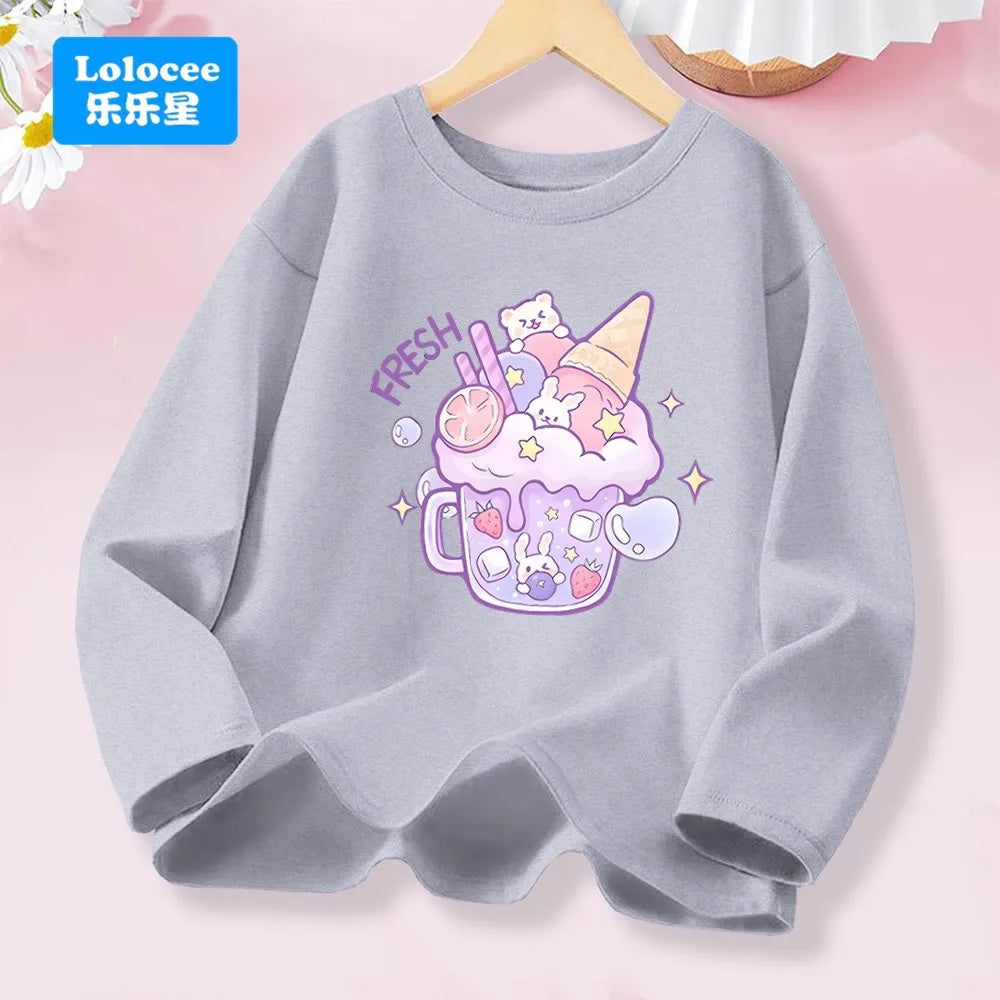 3-14years Girls' Pink Long Sleeve T-shirt - Cute "FRESH" Drink & Animal Print Kids Cotton Top 2026 Spring New