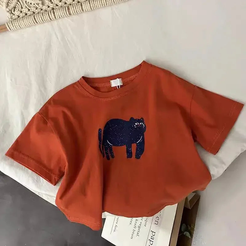 Korean Streetwear Vintage Cartoon Print Unisex Kids T-Shirts 100% Cotton Oversized Summer Tees for Boys & Girls 1-7Years