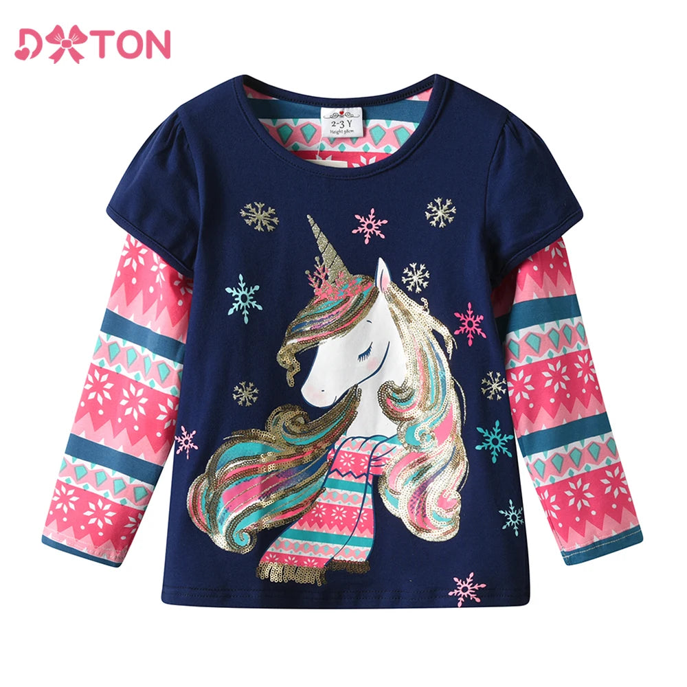 DXTON Children Tops Wear Autumn Striped Sleeve Girls T-shirts Snowflake Kids Tees School Casual Outfits Unicorn Girls Clothing