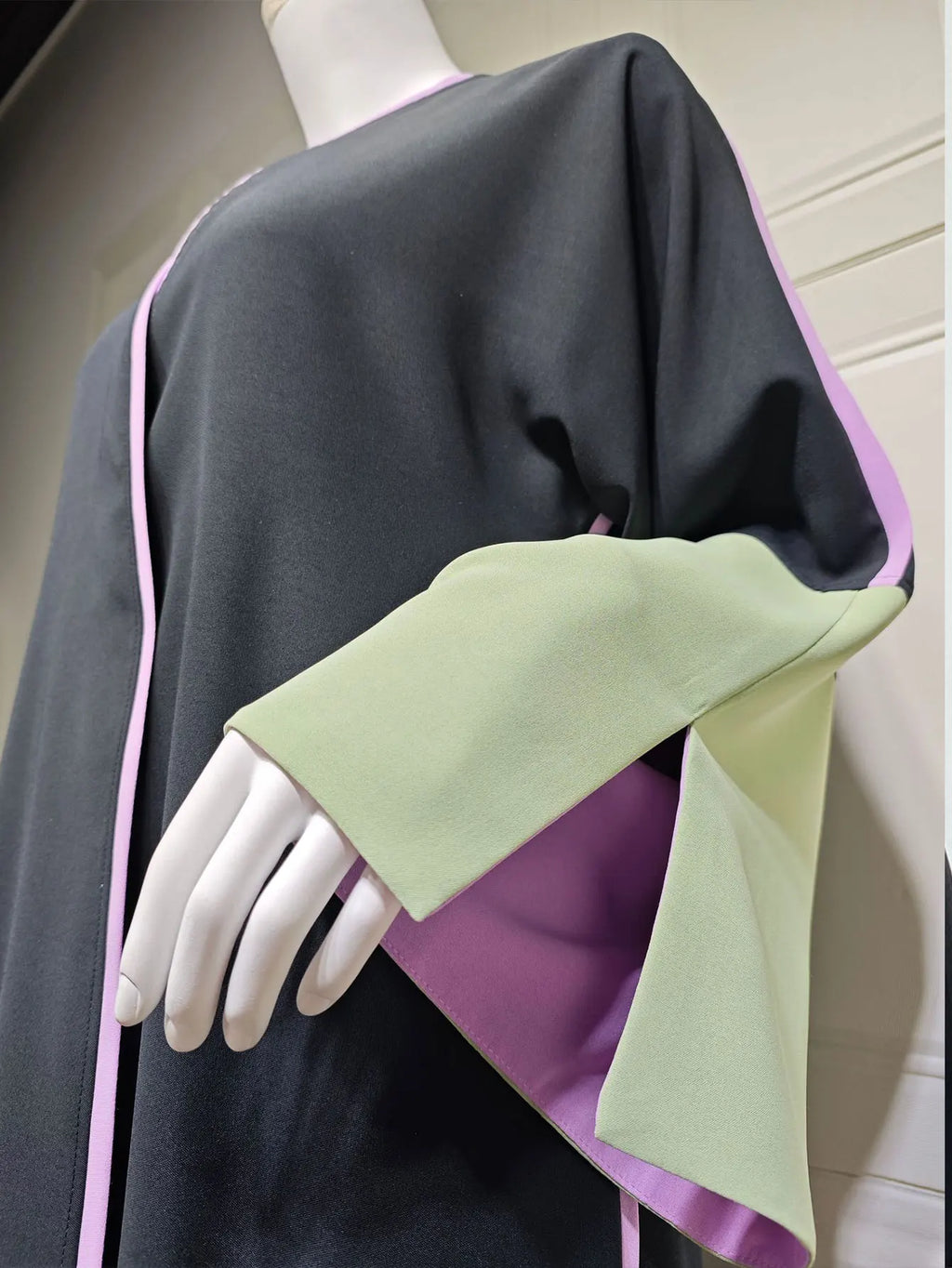 Chic Black Open-Front Abaya Purple Trim & Olive-Purple Color-Block Bell Sleeves Women Muslim Moroccan Kaftan Ramadan Jalabiya