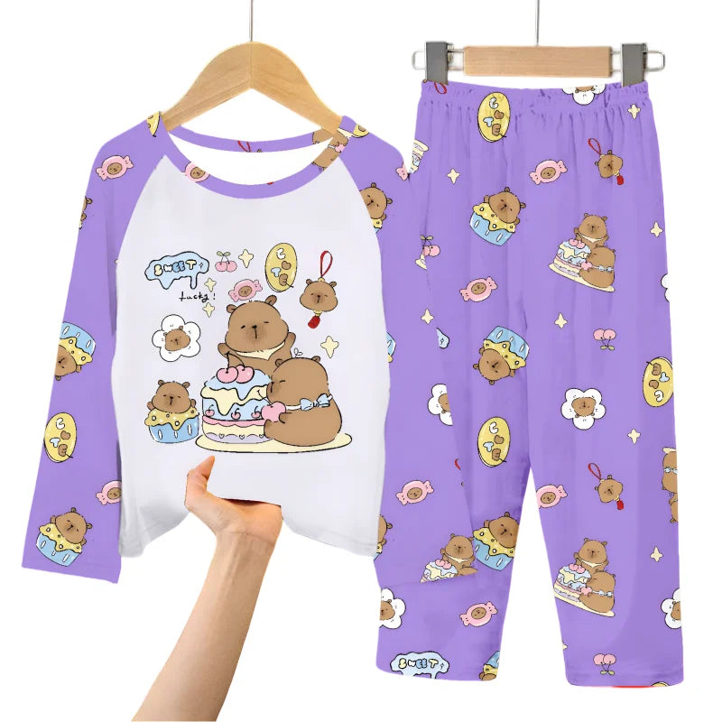2pcs Capybara Printed Pajama Set for Kids, Soft Long Sleeve Top & Pants, Round Neck, Capibara Home Wear Set for Boys and Girls