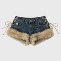 Winter New Women's Retro Design Fluffy Splicing Jeans Shorts Y2k Low-rise Strap Slim Hot Pants