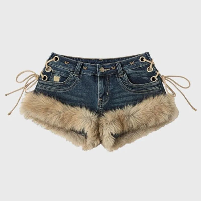 Winter New Women's Retro Design Fluffy Splicing Jeans Shorts Y2k Low-rise Strap Slim Hot Pants