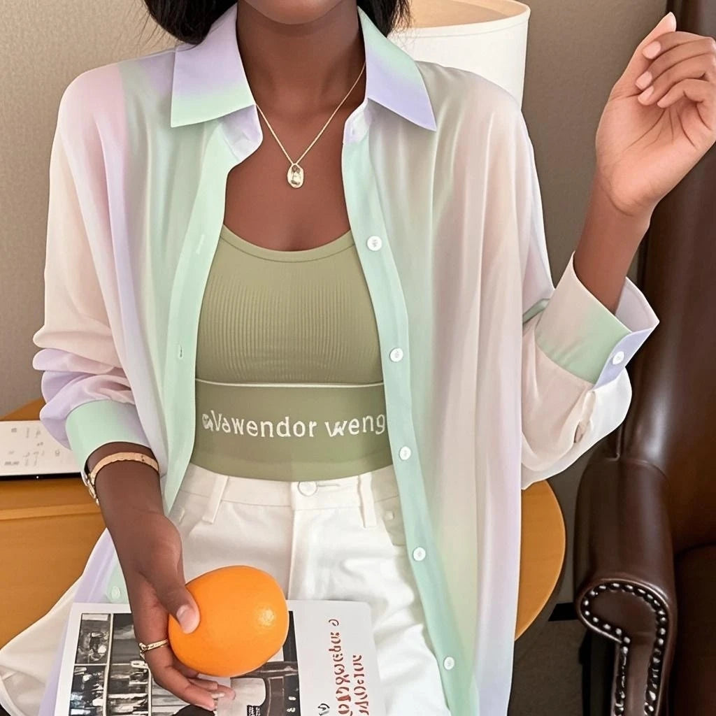 See-through Irregular Gradient Rainbow Long Sleeved Shirt And Blouses Thin For Women Clothes Loose Top Pink Casual Fashion Trend