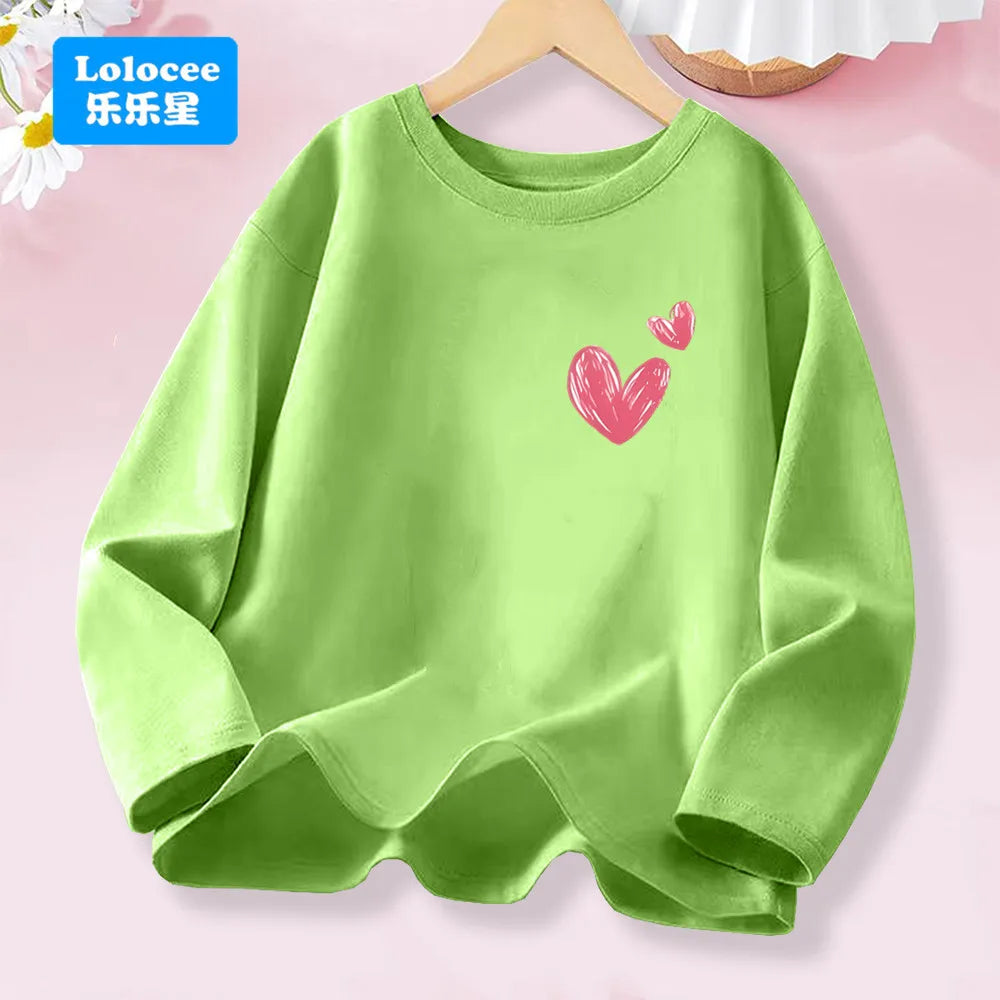 Little Girl Spring Autumn T-shirts Girls Sweet Heart Long Sleeve Tee Tops For Kids Cotton Daily Wear
