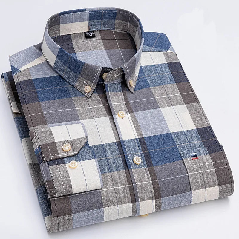 Men's 100% Cotton Shirt Long Sleeve Plaid Oxford Casual Solid Color Print Regular Fit Formal Dress Shirt Oversized 7XL  6XL 5XL