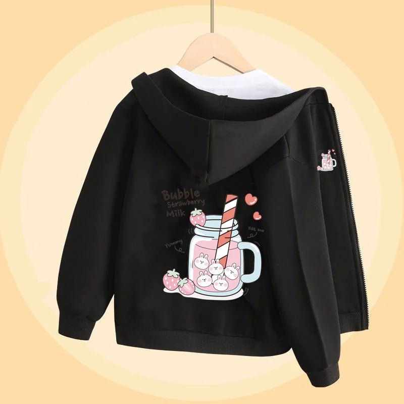 Girls Bubble Tea Cartoon Sweater Autumn Long Sleeved Coats with Zipper Pink Cute Hoodies 5-14T