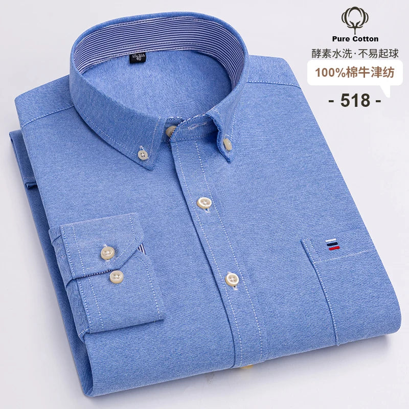 100% Cotton Oxford Men's Shirts Long Sleeves Plaid Soft Regular Fit Formal Dress Shirt Pocket Social Blouse Male Clothes S-7XL