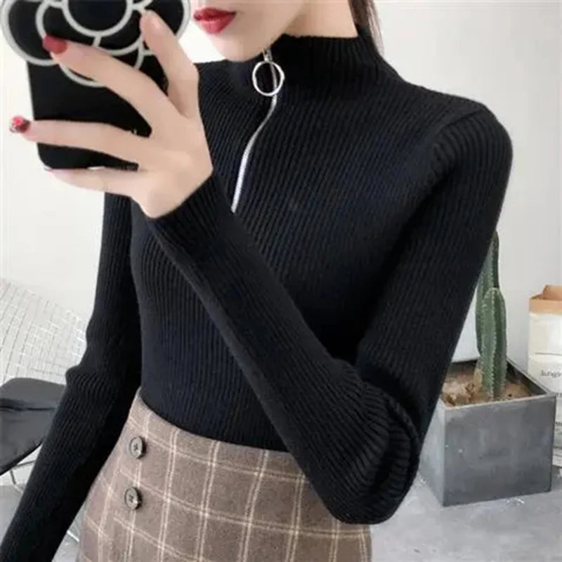 Basic High Neck Zipper Knit Sweater