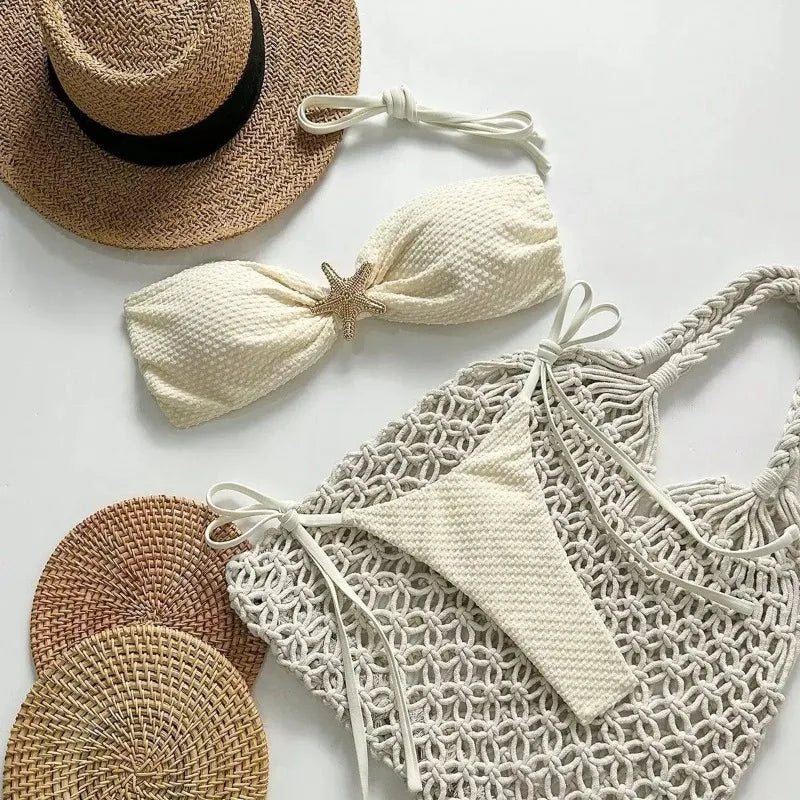 Swimsuit Solid Color Bikini European and American Sexy Lace Up Bikini Women's Small Fresh Split Beach Style Pure Desire Swimsuit