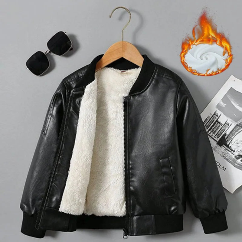 Kids Plus Velvet PU Leather Jacket (2–14Y)