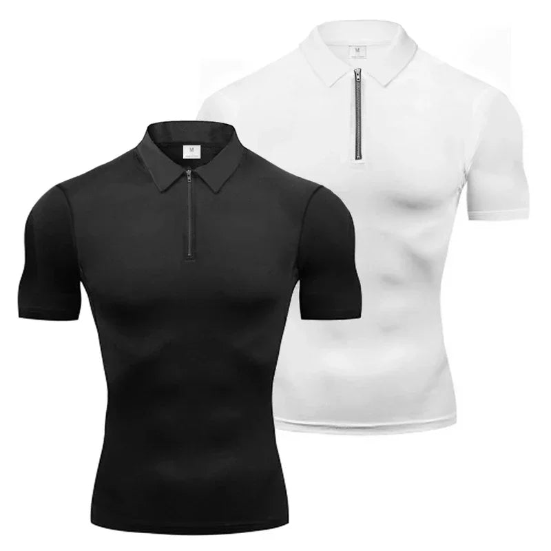 Summer Quick Dry Short Sleeve Polo Shirts Compression Tight Mens Bodybuilding Muscle Shirts Gym Fitness Trainer Trainning Polos
