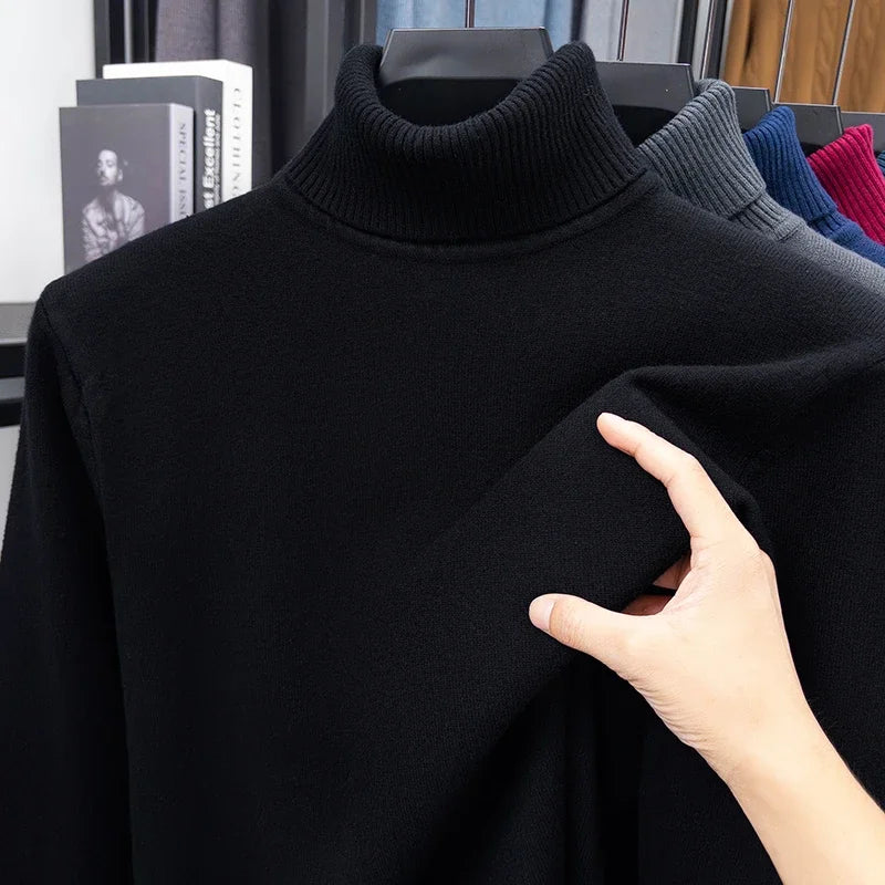 Autumn Mens High Quality Knitted Turtleneck Sweater Slim Fit Long Sleeve Anti-pilling Pullover Solid Color Trend Men Streetwea