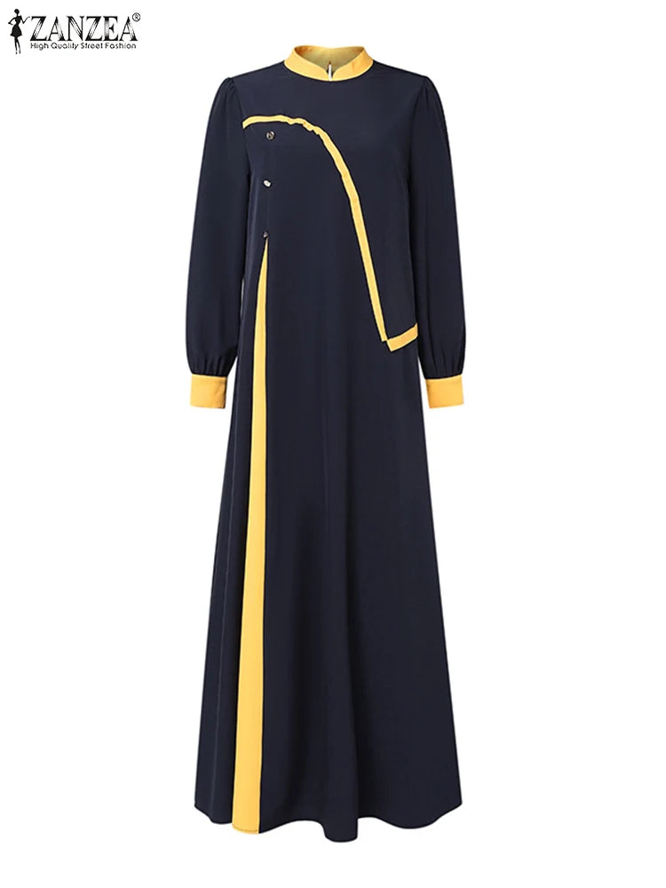 ZANZEA Women Vintage Patchwork Dress Robe Femme Islamic Clothing Ramadan Maxi Vestido Casual Long Sleeve Abaya Muslim Sundress