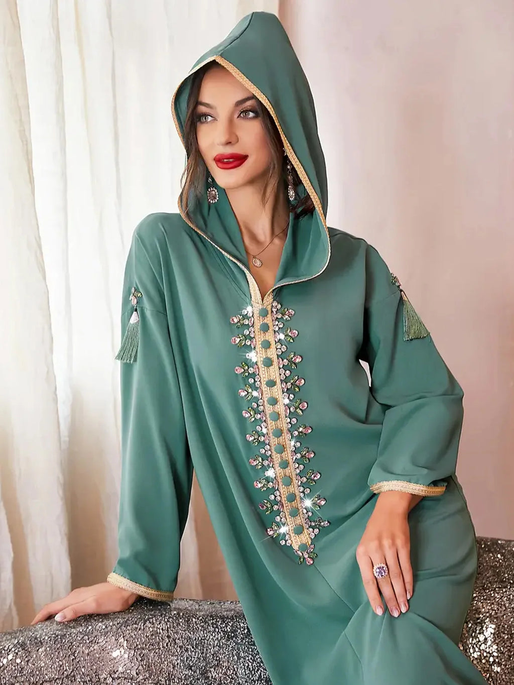 [Rhinestone Kaftan Dress] Elegant Rhinestone Hooded Kaftan Dress - Long Sleeve Ankle Length Women's Clothing