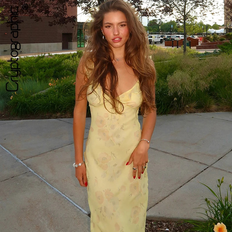 Cryptographic Summer Floral Print Plunge Maxi Dress