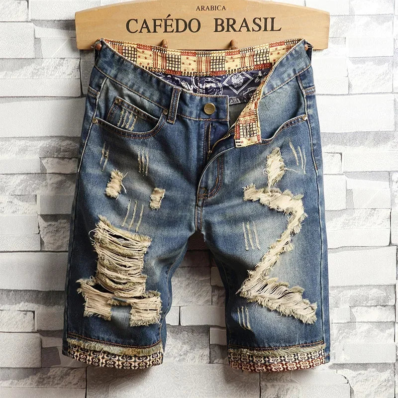 Summer Clothes New Men Vintage Ripped Short Jeans Streetwear Fashion Hole Straight Slim Denim Shorts Male Brand Pants