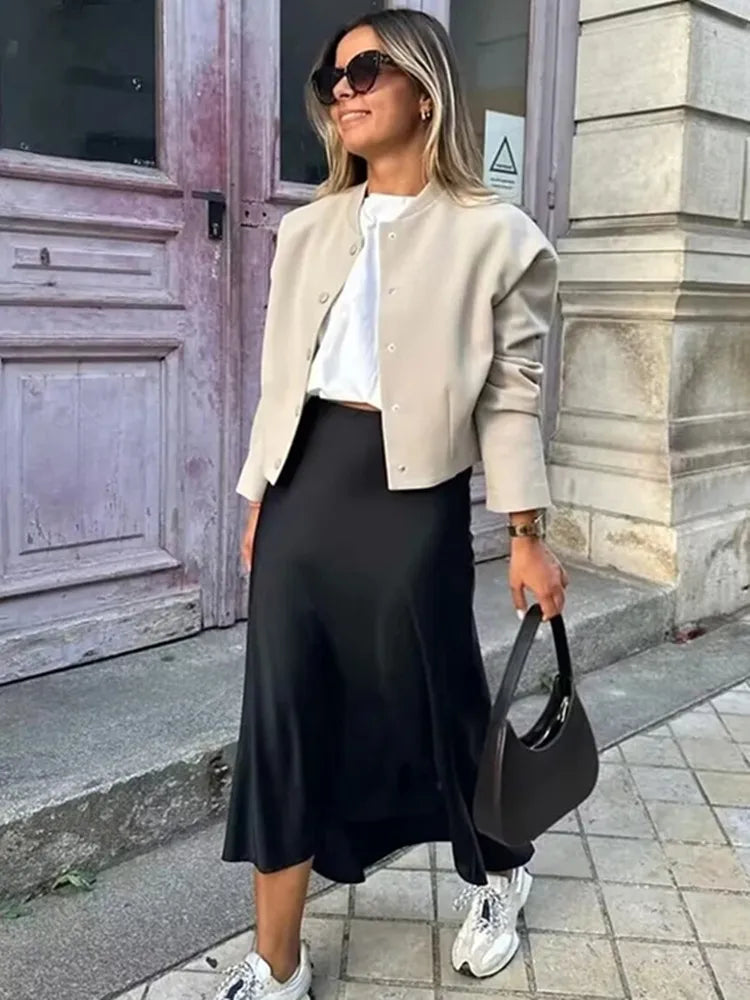 High-Waist Black Satin Midi Skirt