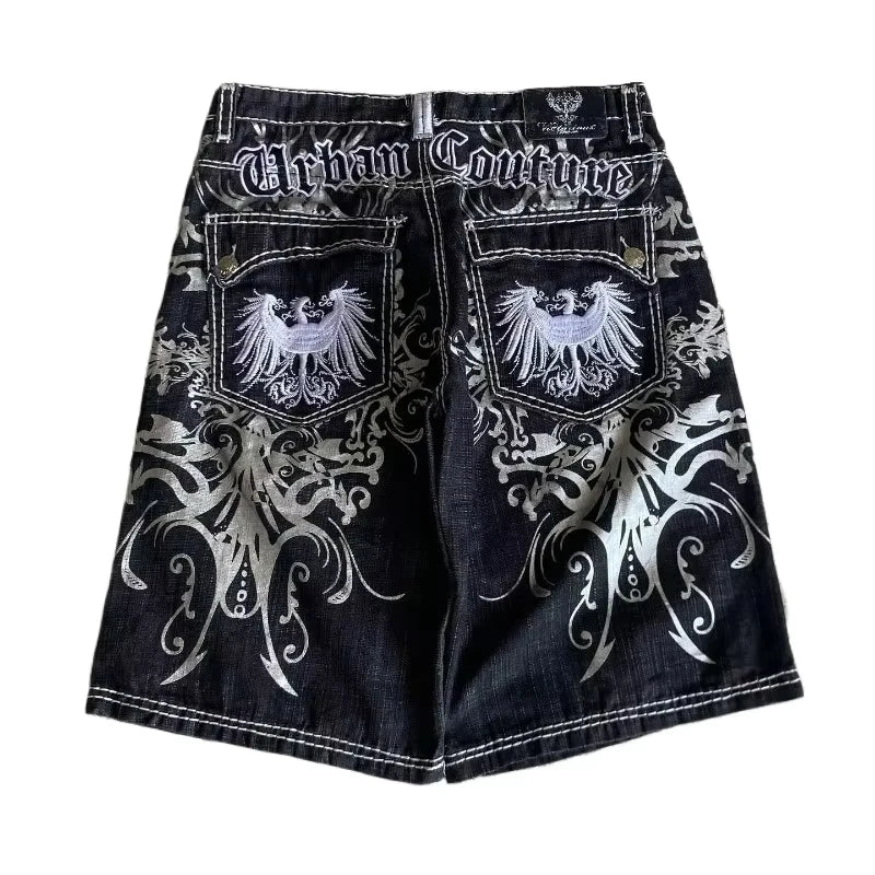 American Retro Gothic Women Denim Shorts Pattern Embroidery Loose Unisex Shorts Y2K Printing Korean Casual Fashion Couple Shorts