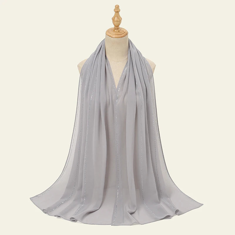 New Diamond Chiffon Hijabs Scarves Women Muslim Shawls Rhinestone Headscarf Wraps Turban Islamic Clothing Solid Bandana Bufandas