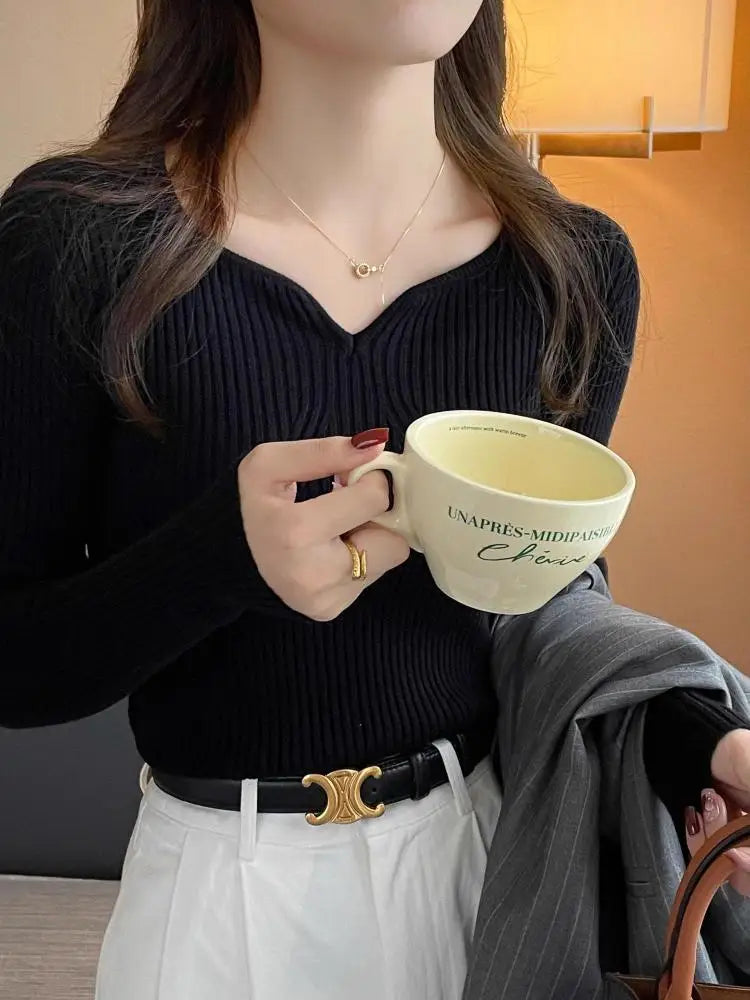 Chic Ribbed V-Neck Knit Sweater