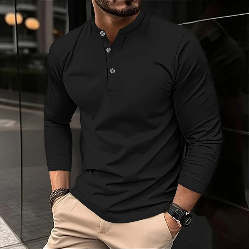 2025 Men's Summer Long Sleeve Henry Polo Casual Breathable Comfortable Polo Shirt Solid High Quality Male T-Shirt Dropshipping