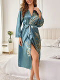 Women's Elegant Silk Robe Floral Print Loose Fit Long Sleeve Breathable Loungewear All-Season