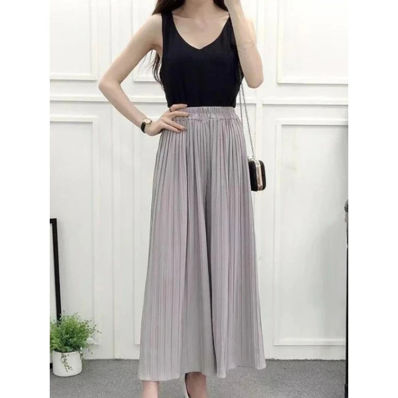 Summer New Women's Pants Korean Fashion Solid Elastic Waist Pleated Loose Skirt Pants Plus Size Casual Wide-leg Cropped Pants