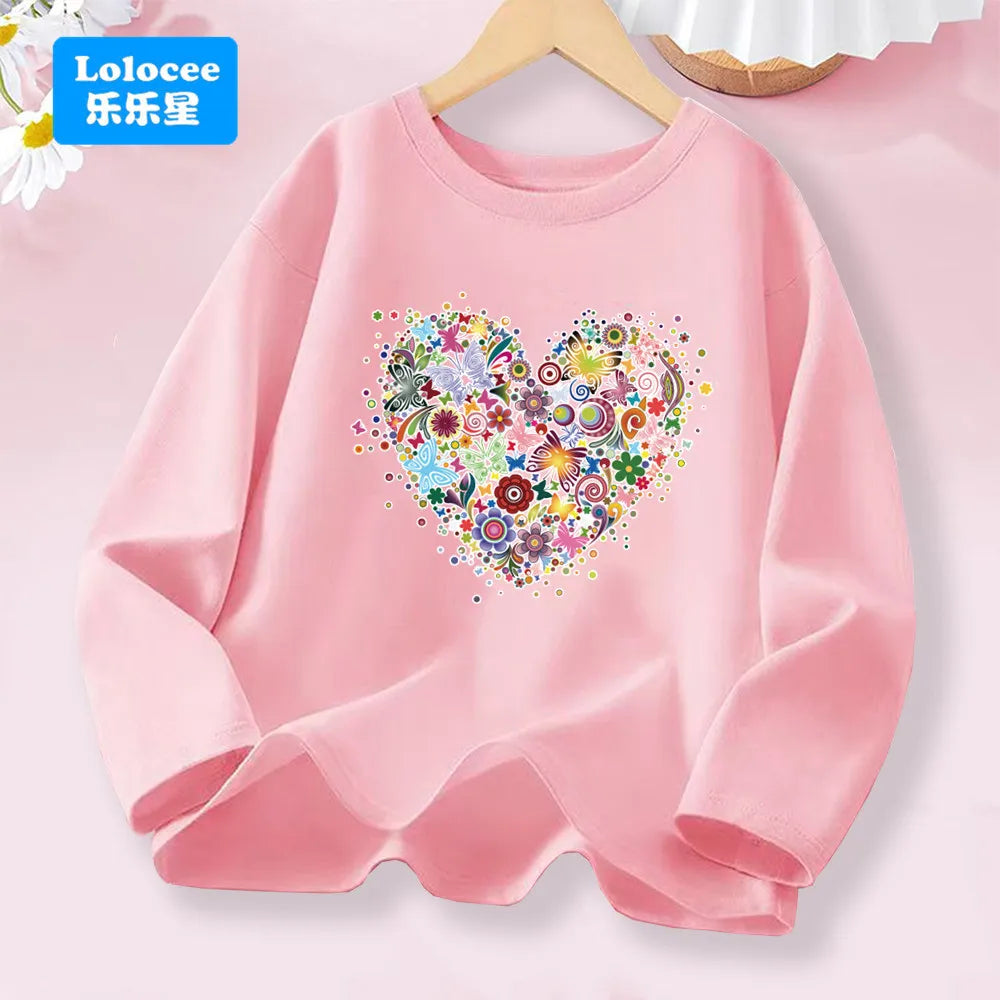 Little Girl Spring Autumn T-shirts Girls Sweet Heart Long Sleeve Tee Tops For Kids Cotton Daily Wear