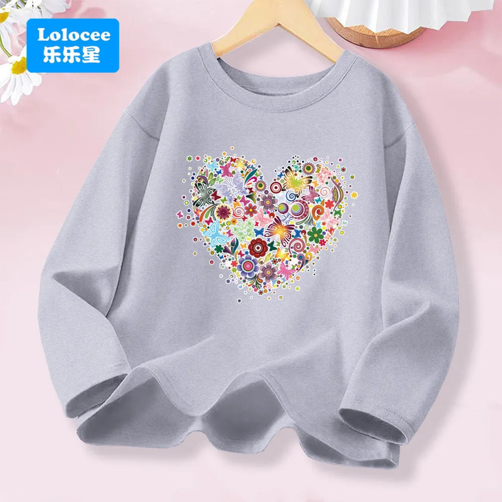 Little Girl Spring Autumn T-shirts Girls Sweet Heart Long Sleeve Tee Tops For Kids Cotton Daily Wear