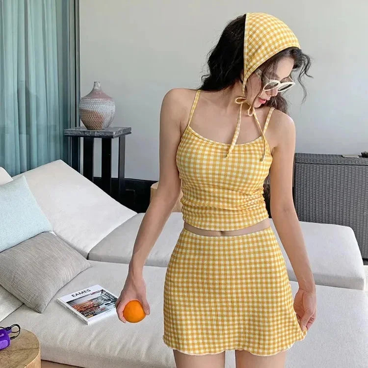 New 2025 Three-Piece Swimsuit Slimming Cover-Up Holiday Beauty Checkered Pattern Conservative Korean Style Bikini Set