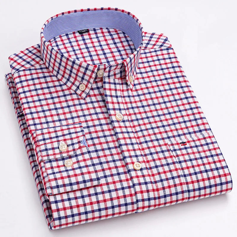 Men's 100% Cotton Shirt Long Sleeve Plaid Oxford Casual Solid Color Print Regular Fit Formal Dress Shirt Oversized 7XL  6XL 5XL