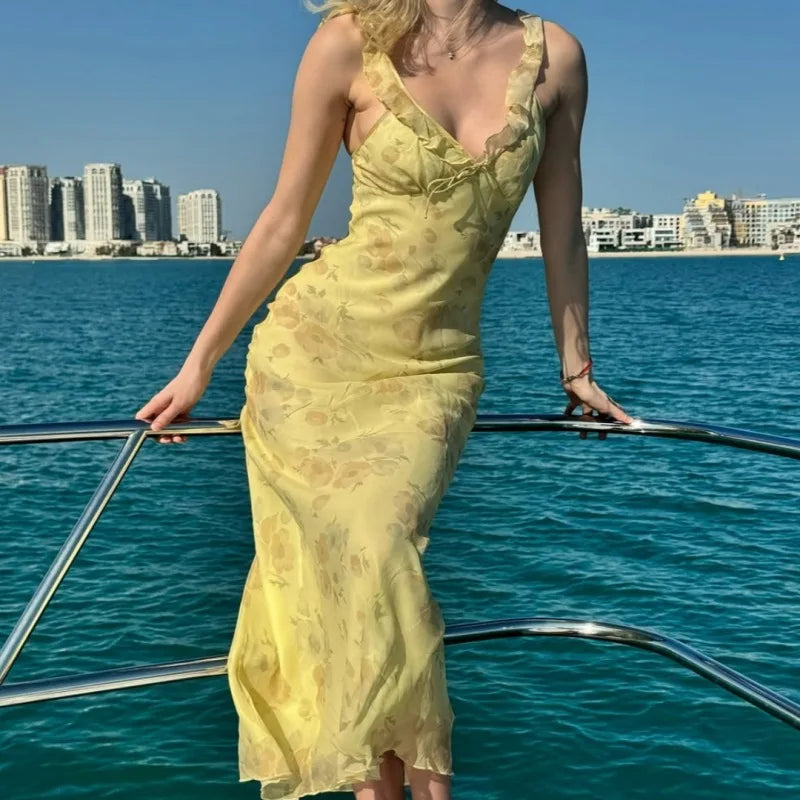 Cryptographic Summer Floral Print Plunge Maxi Dress