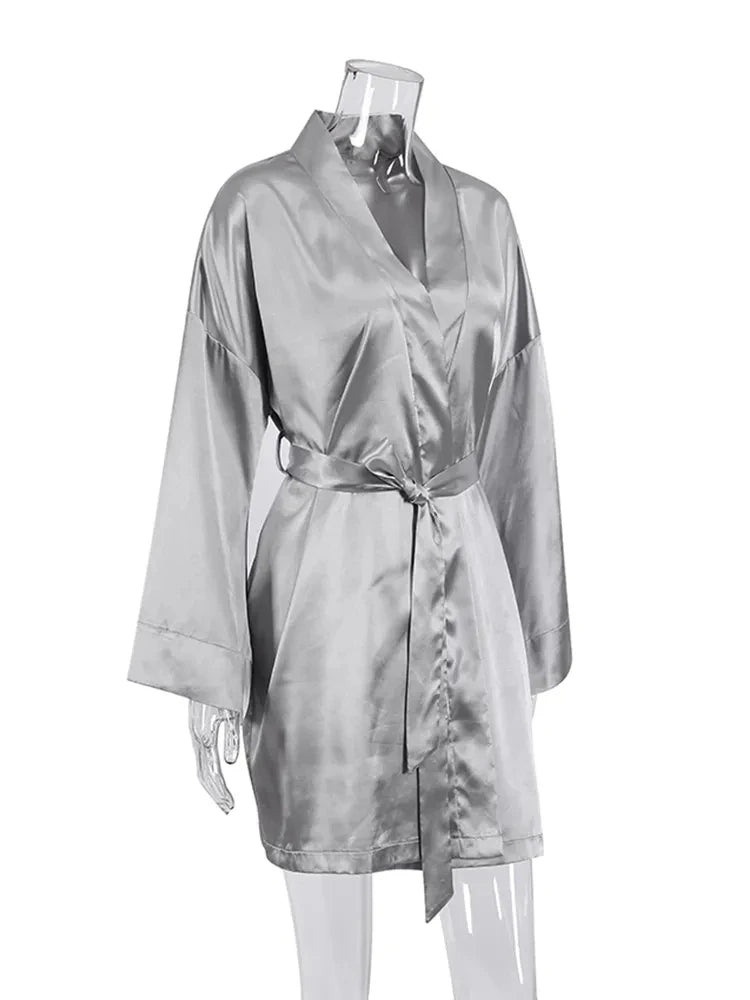 Sexy Women's Dressing Gown Flare Sleeve Bathrobe Female Black Loose Robes Women V-Neck Women's Nightwear With Sashes 2022