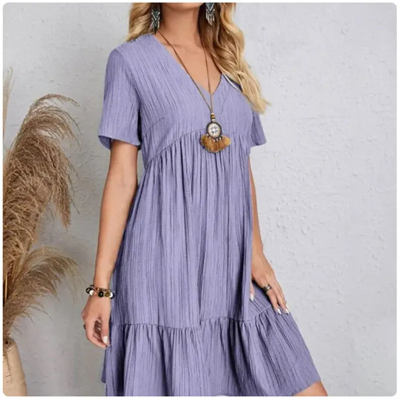 Women Summer Peplum Dresses Spring V-Neck Short Sleeve