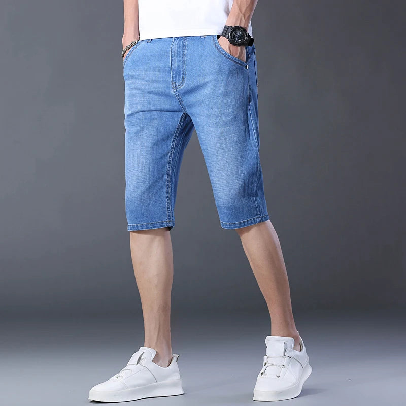 2024 Mens Casual Knee Length Denim Shorts Elastic Straight Brand Cotton Jeans Street Style Fashion Solid Color Short Jeans