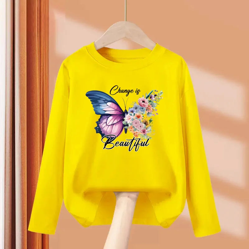 Children Long Sleeved T-shirt Butterfly Girl Fashion Top Spring Cotton Clothes Girls Butterfly Printed Tshirt 3-14T